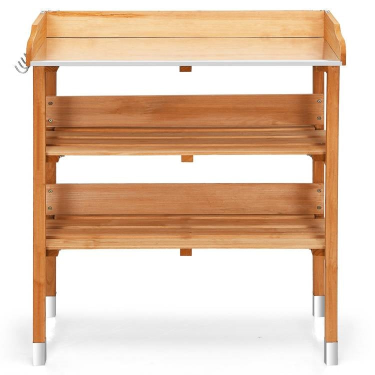 Fast Furnishings Solid Wood Outdoor Garden Bench Table with Bottom Storage Shelves and Metal Top