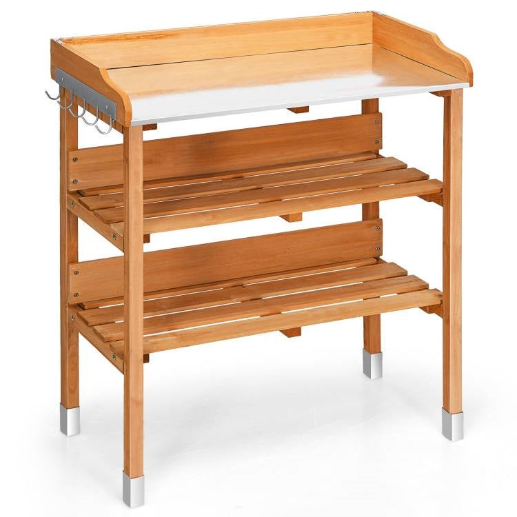 Fast Furnishings Solid Wood Outdoor Garden Bench Table with Bottom Storage Shelves and Metal Top