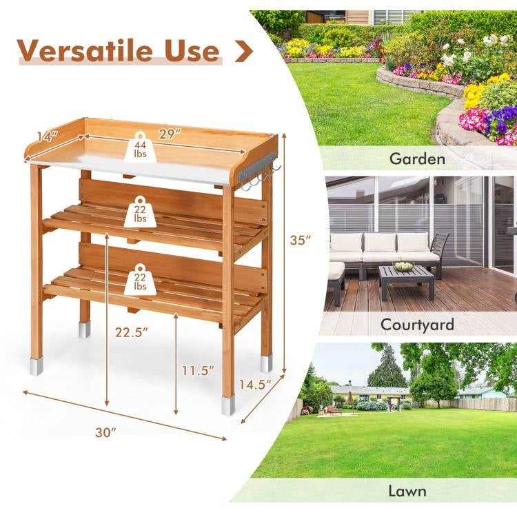 Fast Furnishings Solid Wood Outdoor Garden Bench Table with Bottom Storage Shelves and Metal Top