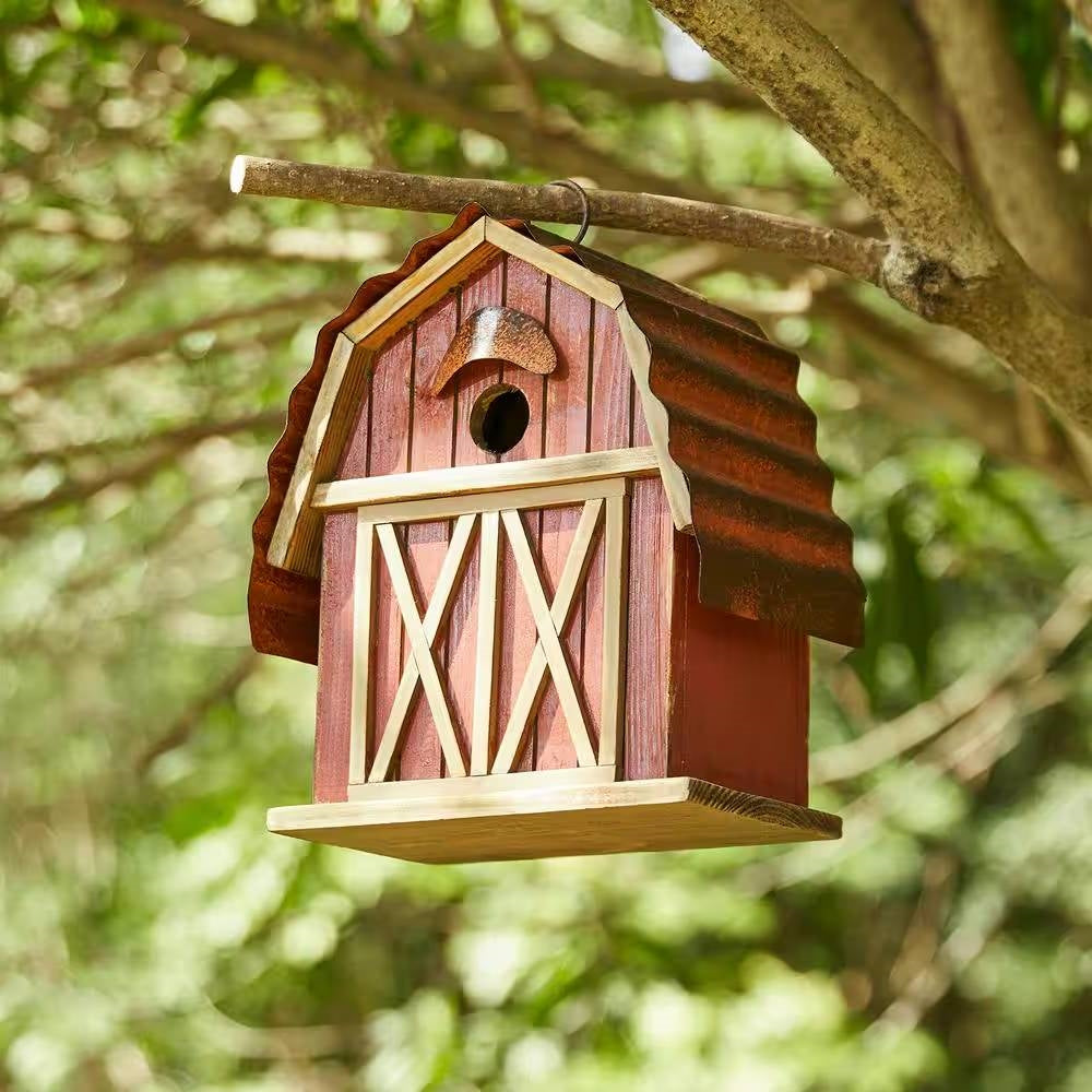 Fast Furnishings Outdoor Red Wood and Metal Barn Style Hanging Bird House