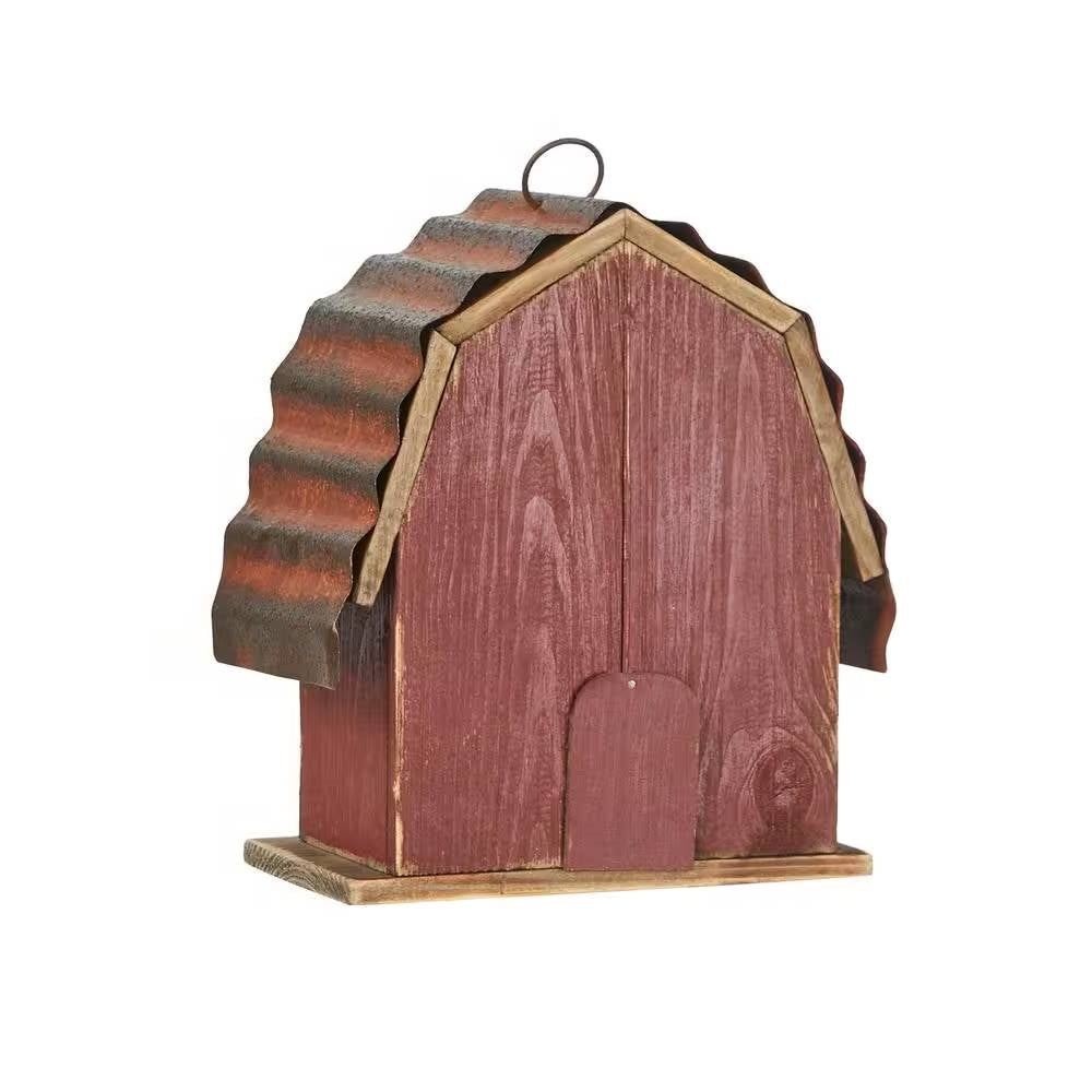 Fast Furnishings Outdoor Red Wood and Metal Barn Style Hanging Bird House