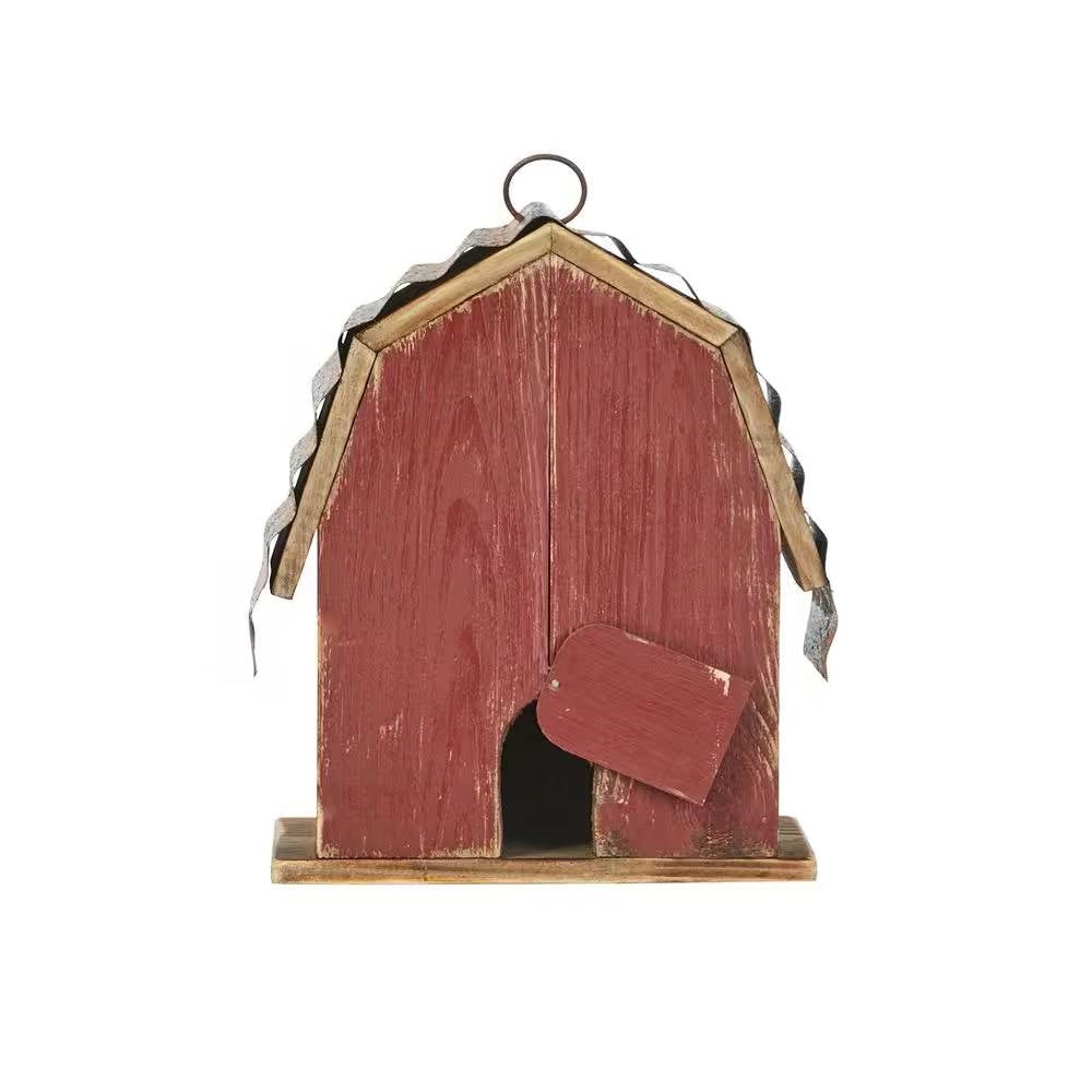 Fast Furnishings Outdoor Red Wood and Metal Barn Style Hanging Bird House