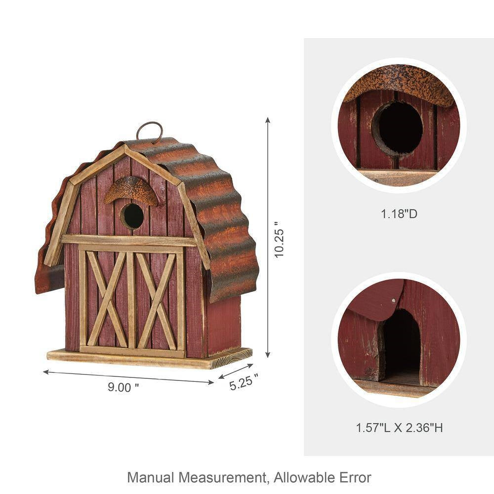 Fast Furnishings Outdoor Red Wood and Metal Barn Style Hanging Bird House