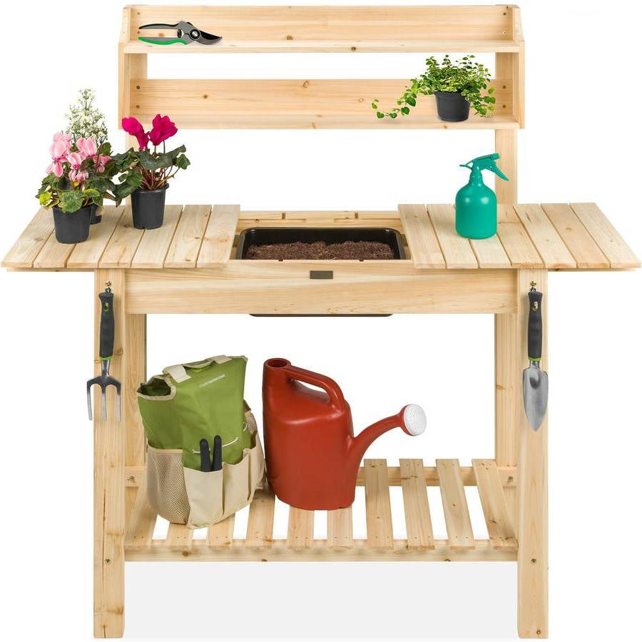 Fast Furnishings Outdoor Garden Wood Potting Bench Expandable Top with Food Grade Plastic Sink