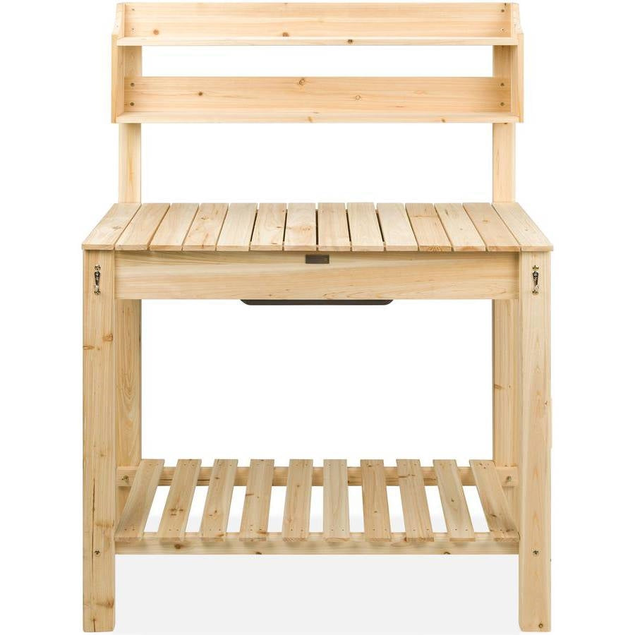 Fast Furnishings Outdoor Garden Wood Potting Bench Expandable Top with Food Grade Plastic Sink