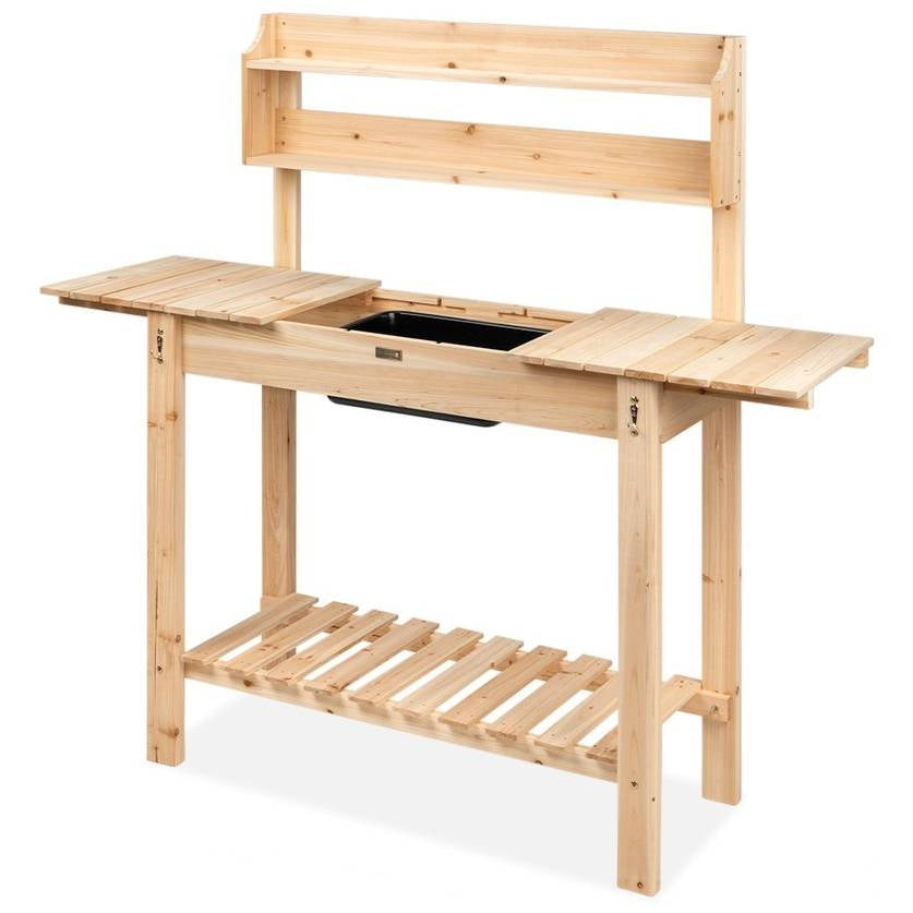 Fast Furnishings Outdoor Garden Wood Potting Bench Expandable Top with Food Grade Plastic Sink