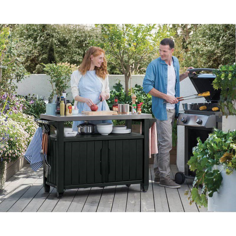 Fast Furnishings Outdoor Grill Party Bar Serving Cart with Storage in Graphite Grey