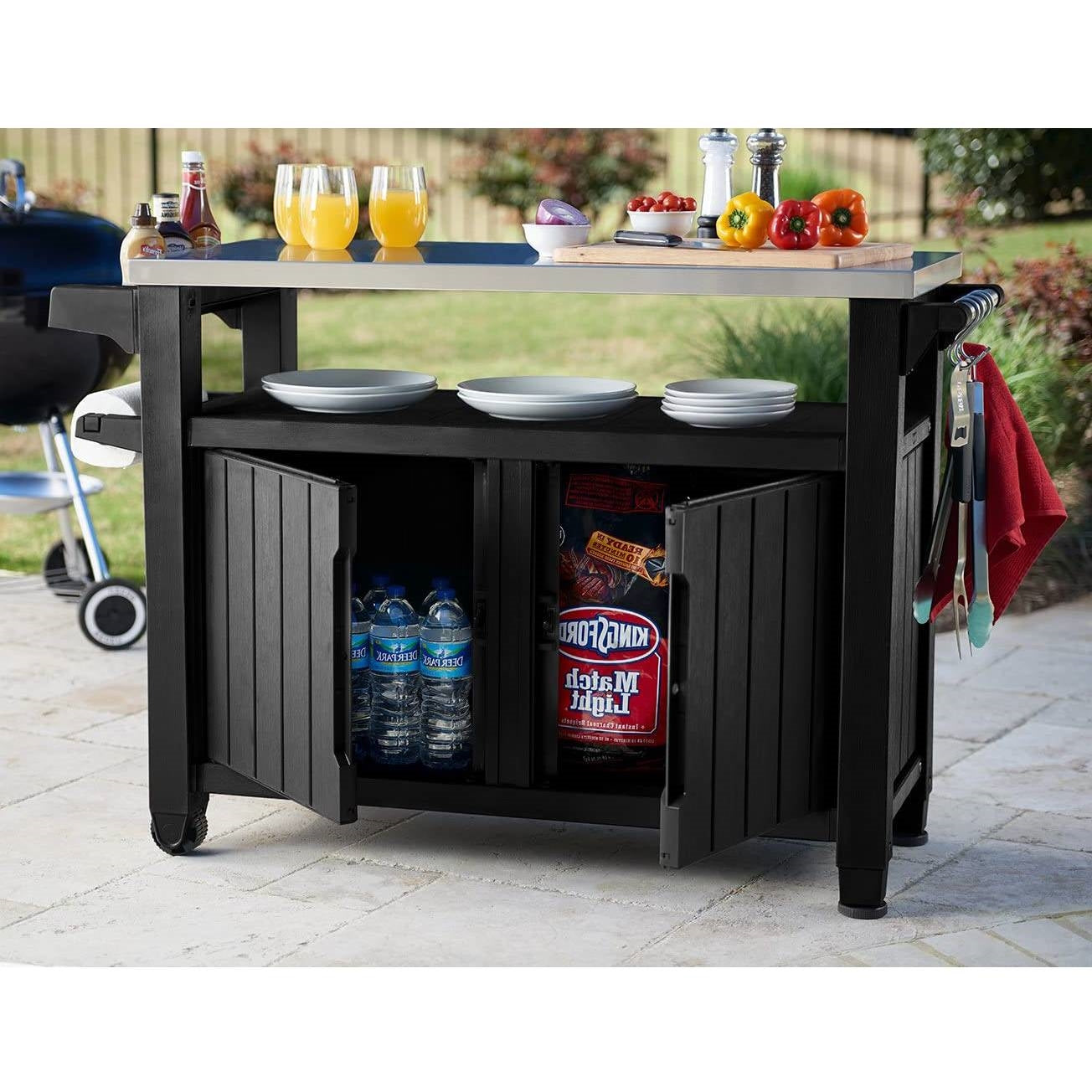 Fast Furnishings Outdoor Grill Party Bar Serving Cart with Storage in Graphite Grey