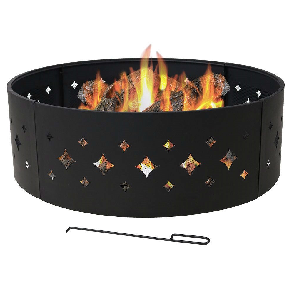 Fast Furnishings Heavy Duty 36-inch Black Steel Fire Pit Ring with Diamond Pattern