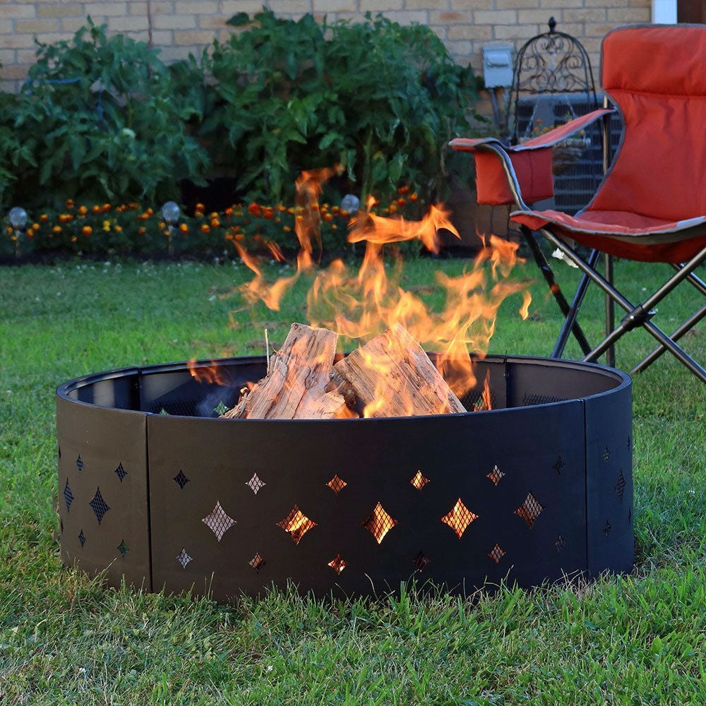 Fast Furnishings Heavy Duty 36-inch Black Steel Fire Pit Ring with Diamond Pattern