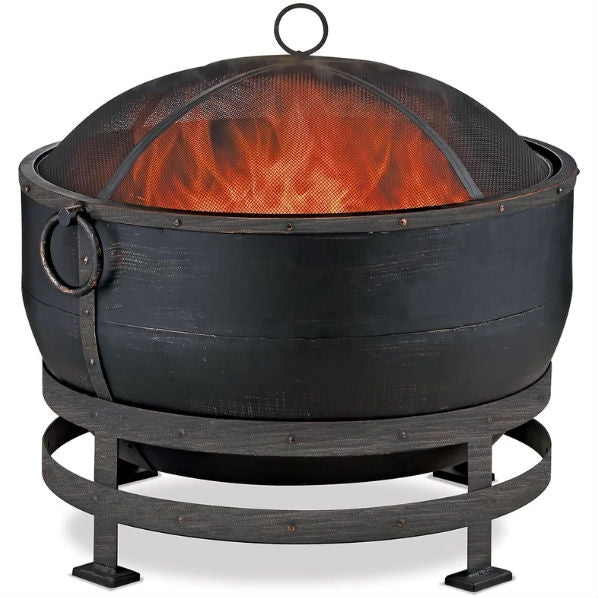 Fast Furnishings Heavy Duty Steel Cauldron Wood Burning Fire Pit with Spark Screen and Stand