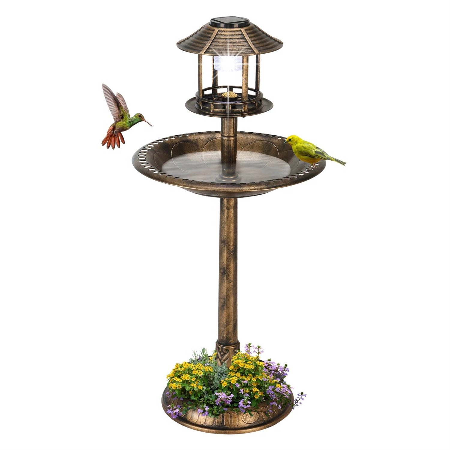 Fast Furnishings Outdoor Garden Birdbath in Bronze Finish with Solar Light