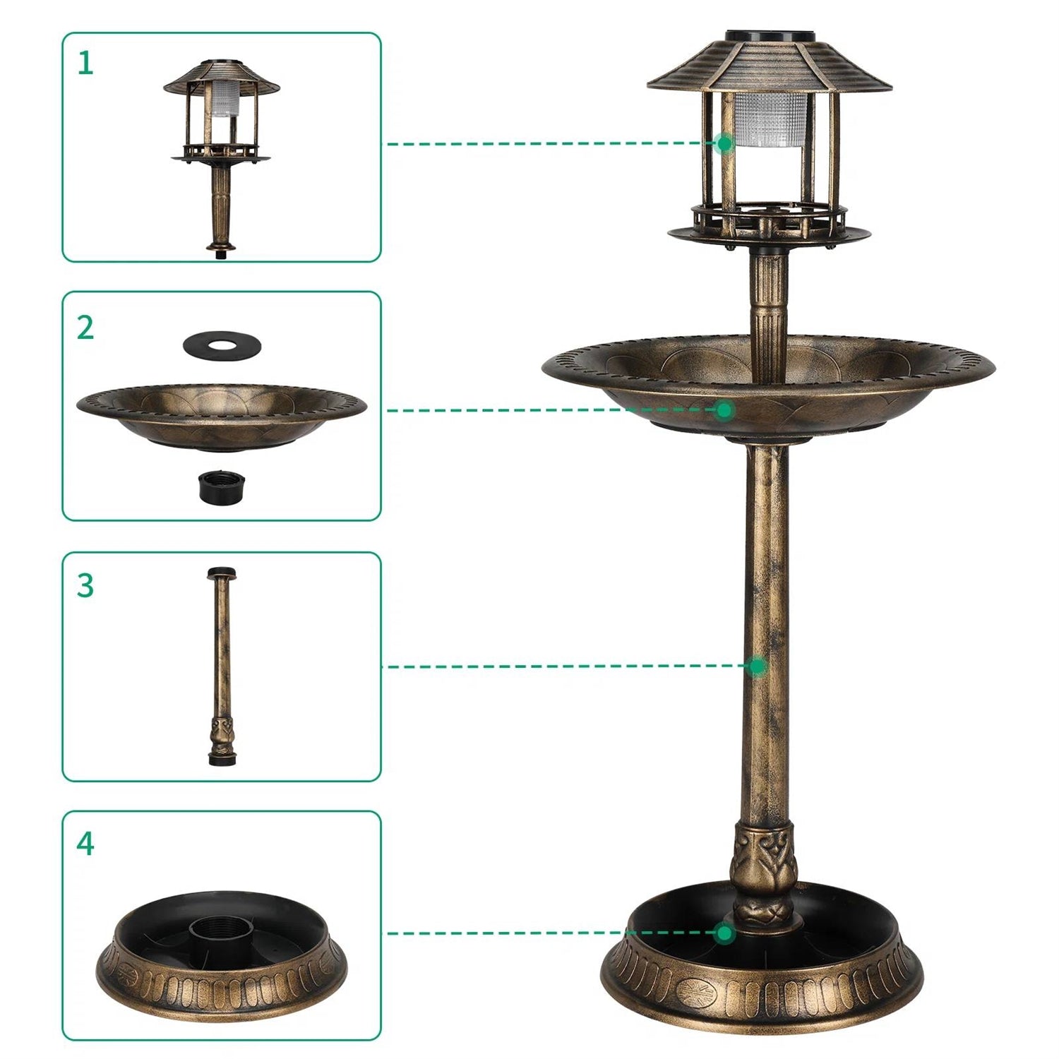 Fast Furnishings Outdoor Garden Birdbath in Bronze Finish with Solar Light