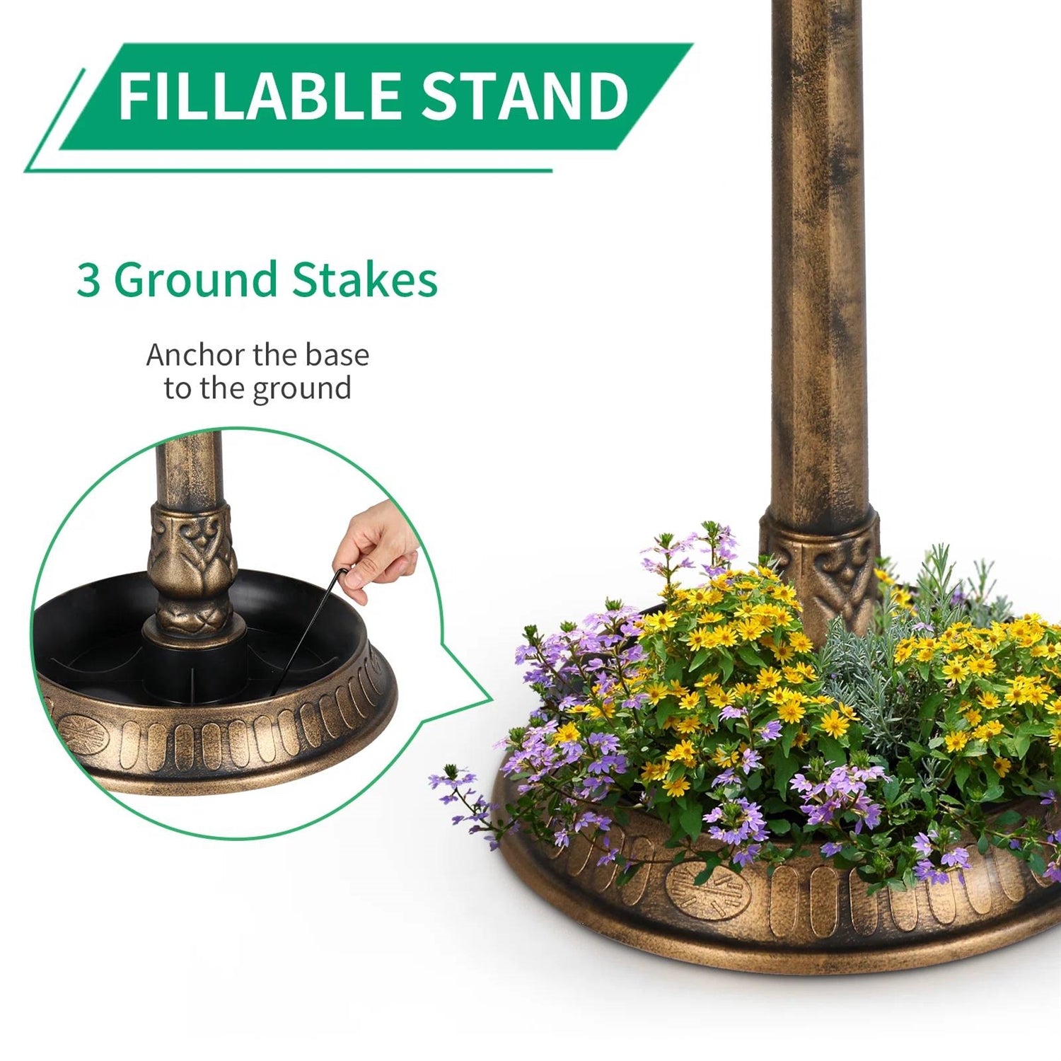 Fast Furnishings Outdoor Garden Birdbath in Bronze Finish with Solar Light