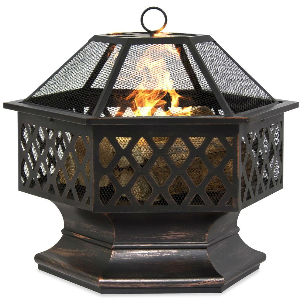 Fast Furnishings 24 Inch Steel Distressed Bronze Lattice Design Fire Pit With Cover