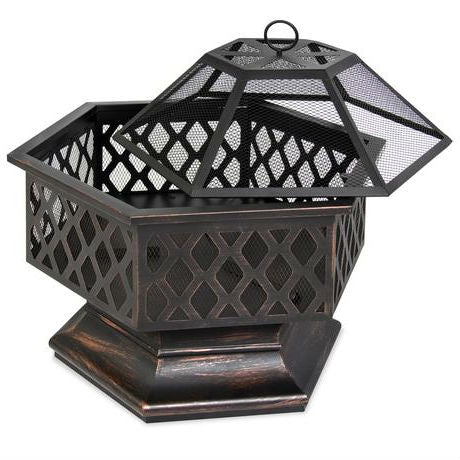 Fast Furnishings 24 Inch Steel Distressed Bronze Lattice Design Fire Pit With Cover