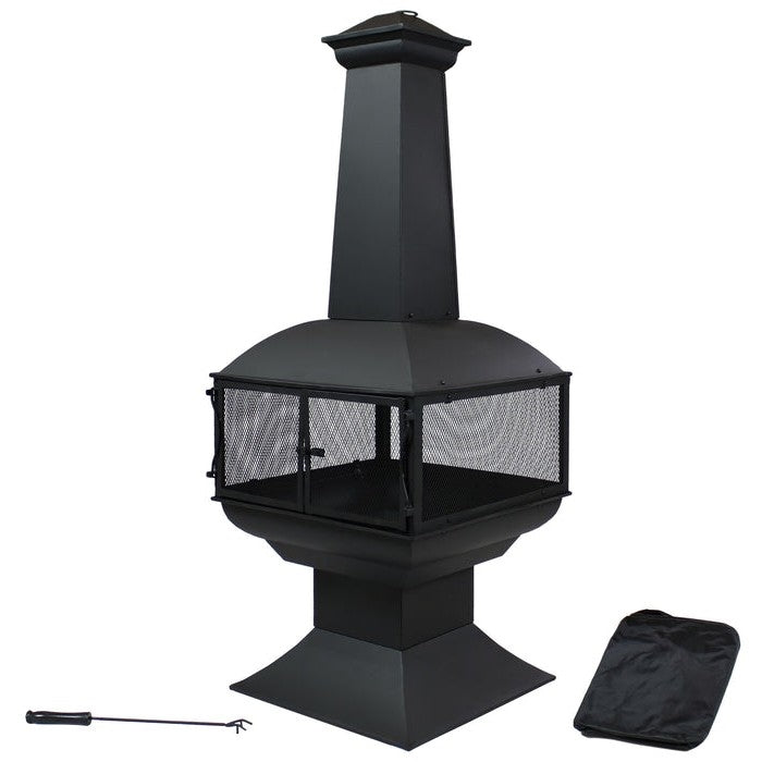 Fast Furnishings Large Black Outdoor Steel Chimenea Wood Burning Fire Pit