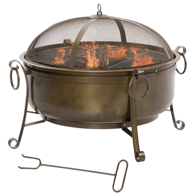 Fast Furnishings Large Wood Burning Fire Pit Cauldron Style Steel Bowl w BBQ Grill, Log Poker, and Mesh Screen Lid