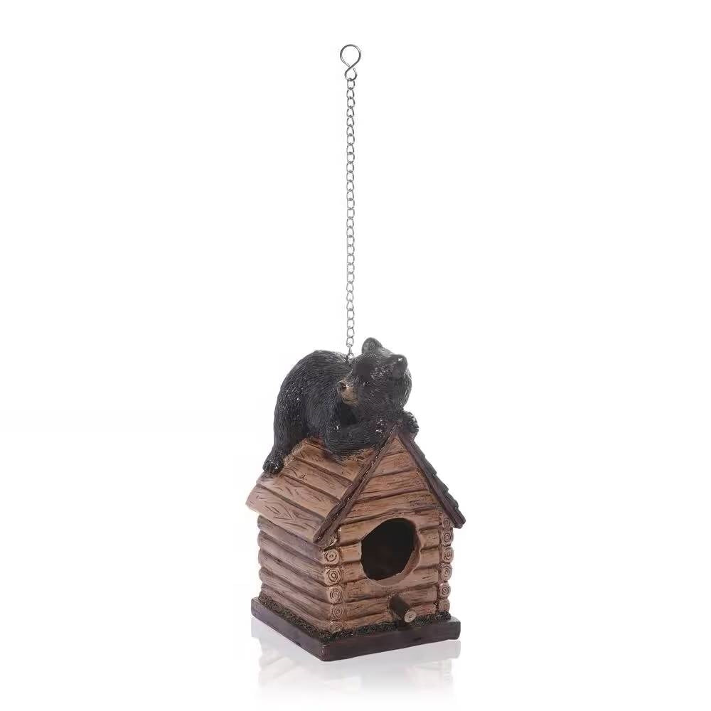 Fast Furnishings Outdoor Polyresin A-Frame Birdhouse in Brown Wood Finish Bear Figurine