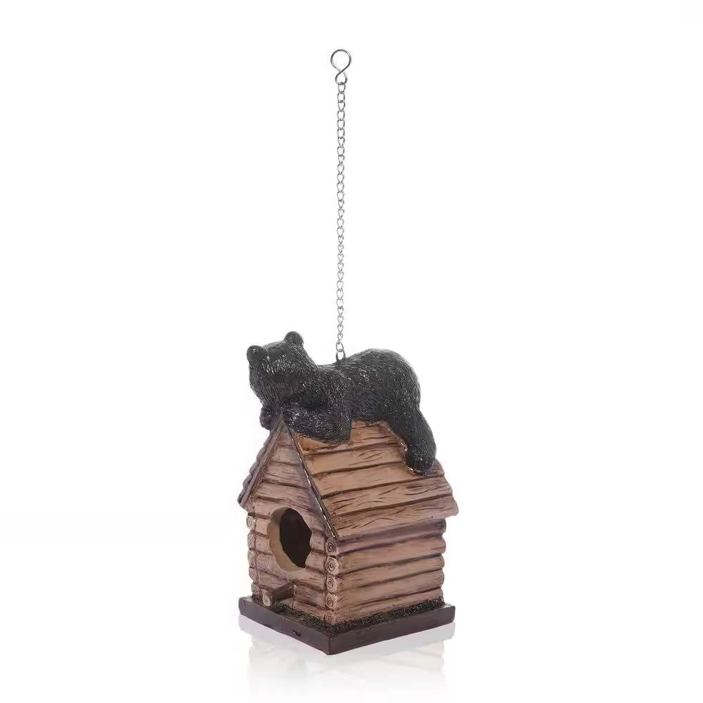 Fast Furnishings Outdoor Polyresin A-Frame Birdhouse in Brown Wood Finish Bear Figurine