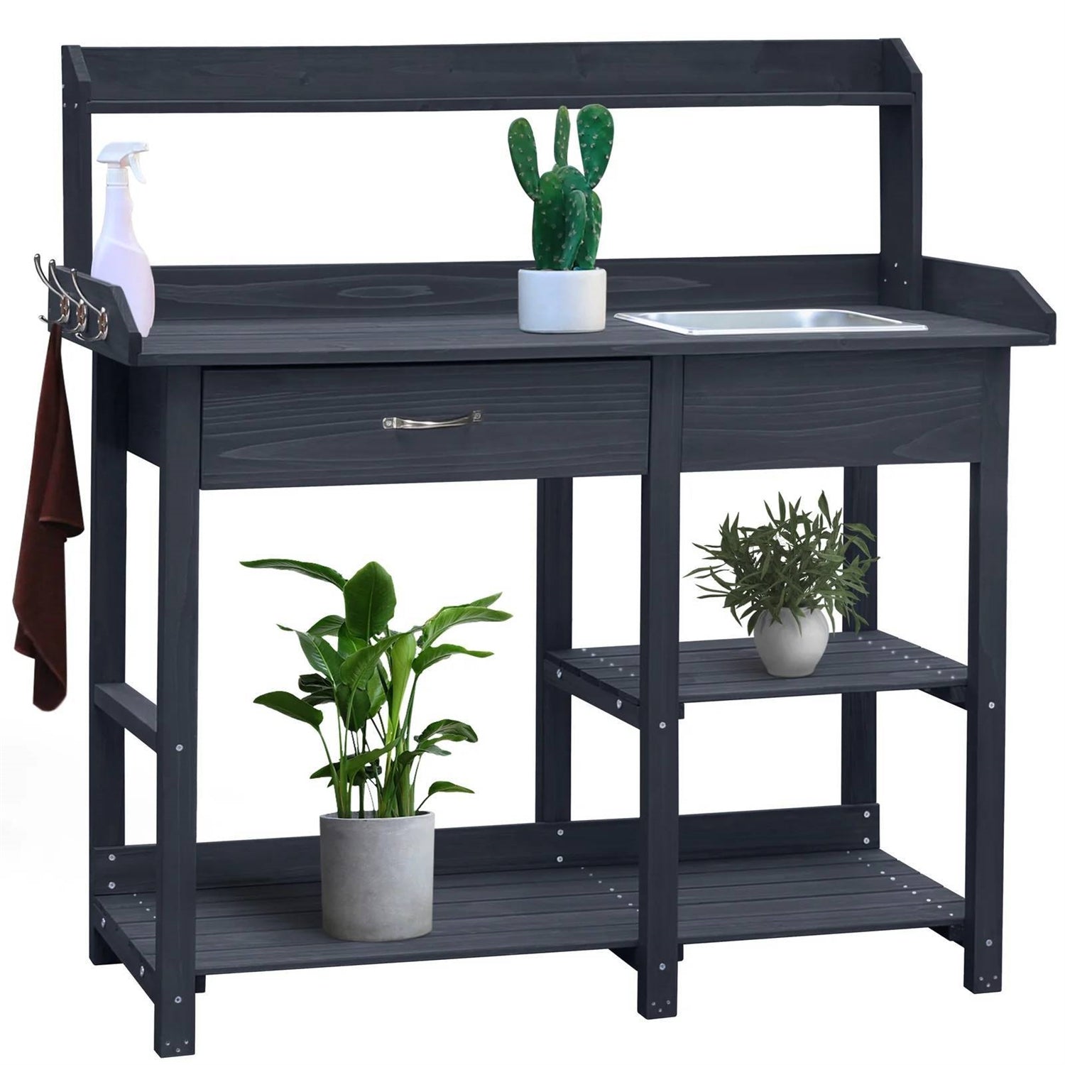 Fast Furnishings Grey Wood Outdoor Garden Potting Bench Storage Shelf with Removeable Sink