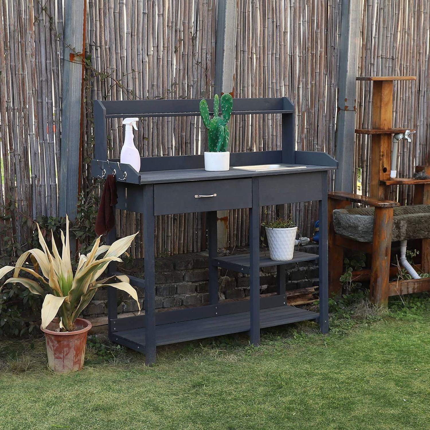 Fast Furnishings Grey Wood Outdoor Garden Potting Bench Storage Shelf with Removeable Sink