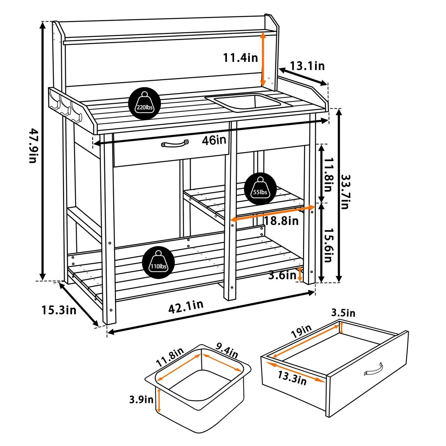 Fast Furnishings Grey Wood Outdoor Garden Potting Bench Storage Shelf with Removeable Sink