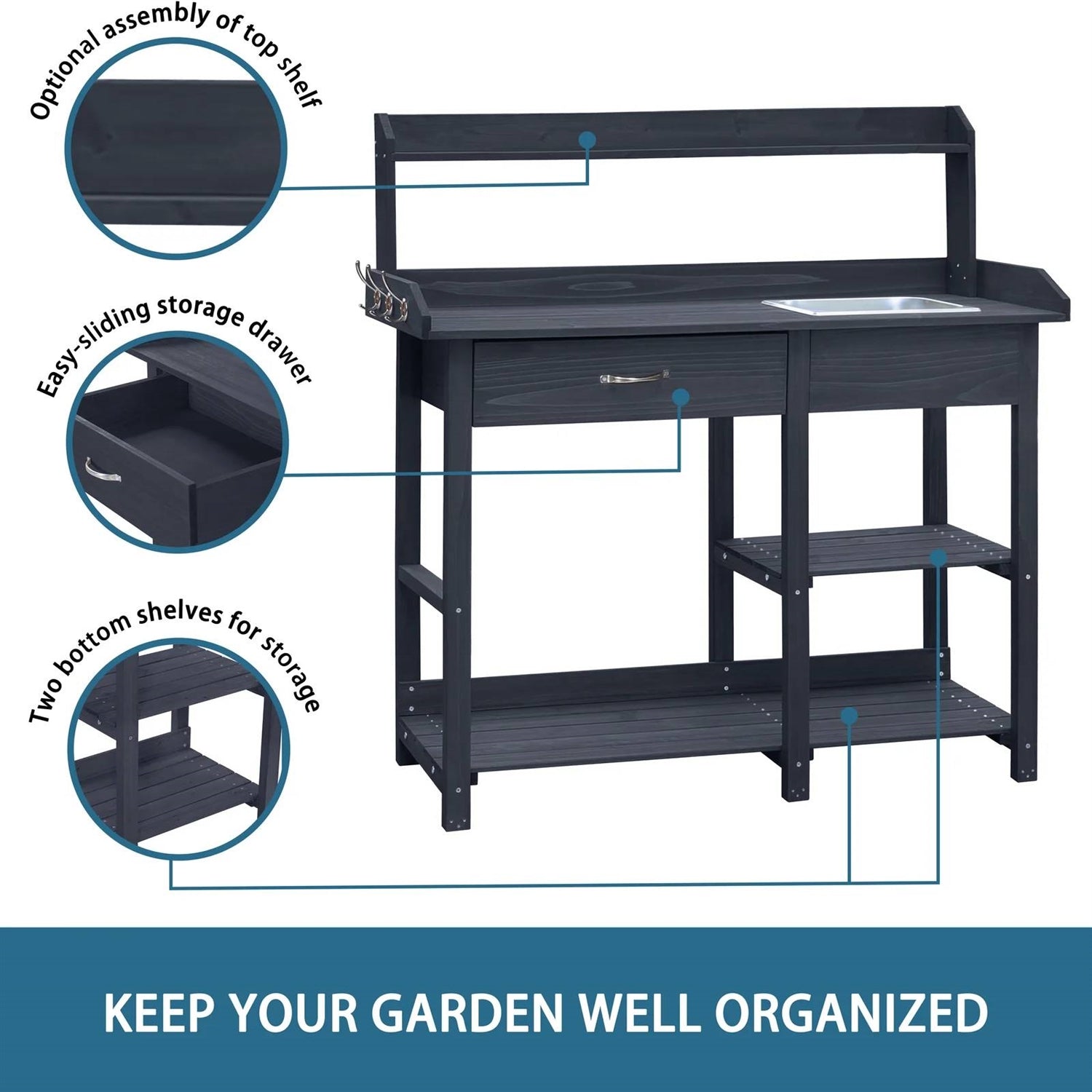 Fast Furnishings Grey Wood Outdoor Garden Potting Bench Storage Shelf with Removeable Sink