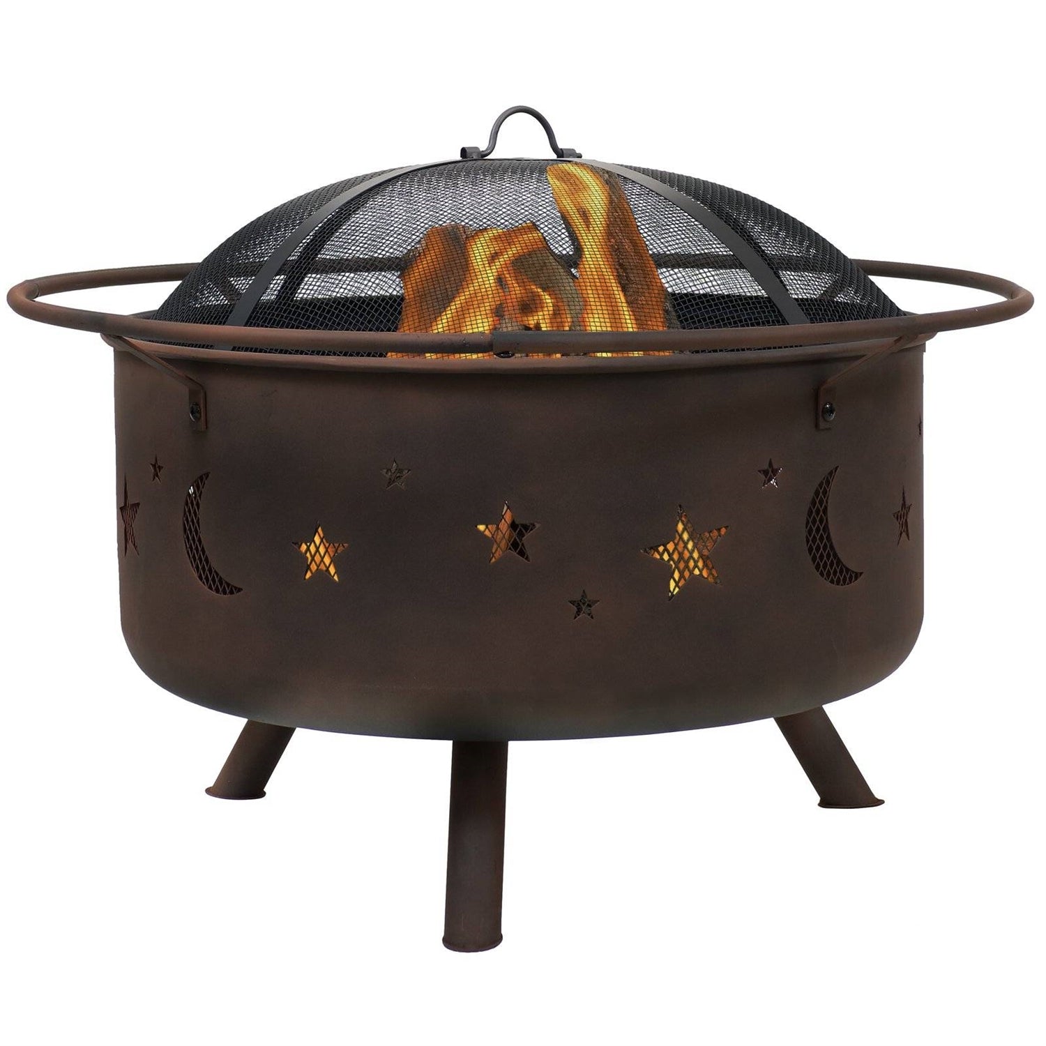 Fast Furnishings Moon Stars Sky Steel Fire Pit Bowl with Screen Cooking Grate and Poker