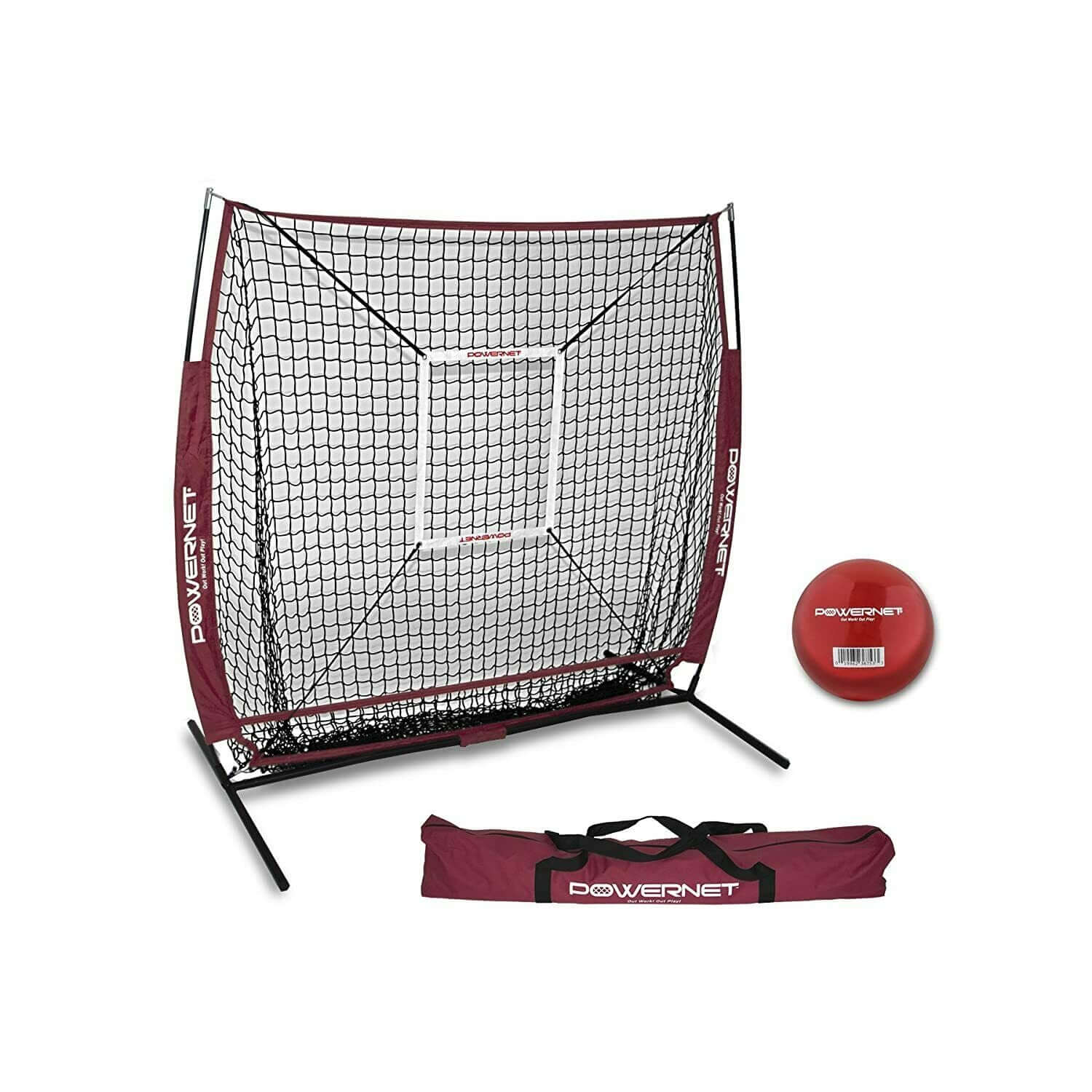 PowerNet 5x5 Practice Hitting Pitching Net + Strike Zone Attachment + Weighted Training Ball Bundle + Carry Bag by Jupiter Gear