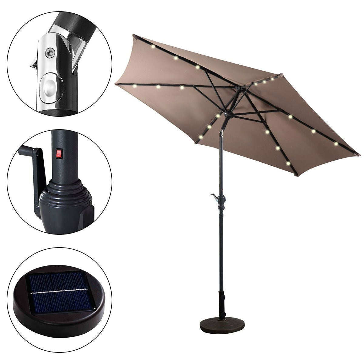 Fast Furnishings Tan 9-Ft Patio Umbrella with Steel Pole Crank Tilt and Solar LED Lights