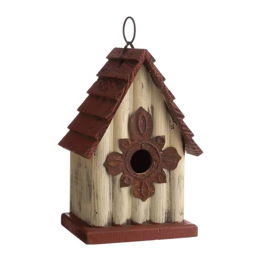 Fast Furnishings Outdoor A-Frame Solid Wood Bird House with Terracotta Color Slatted Roof