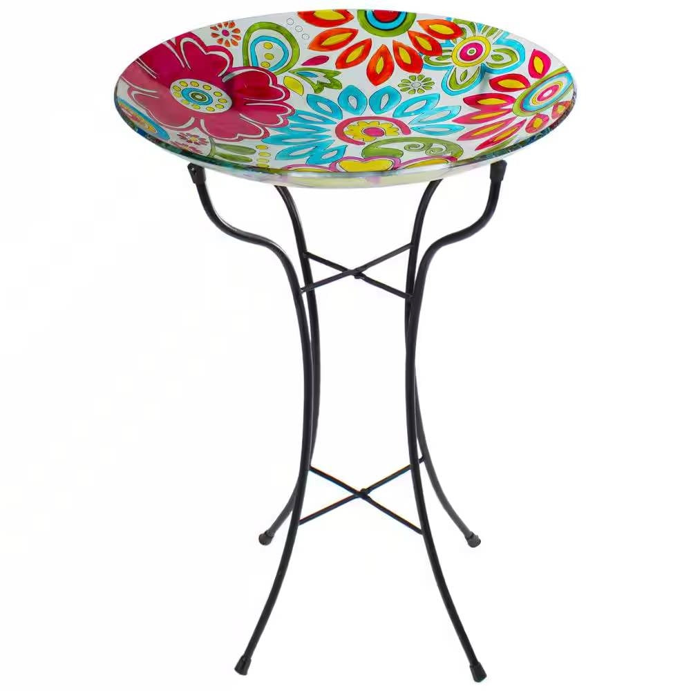 Fast Furnishings 18-inch Blue Yellow Red Pastel Flowers Painted Glass Outdoor Bird Bath w/ Stand