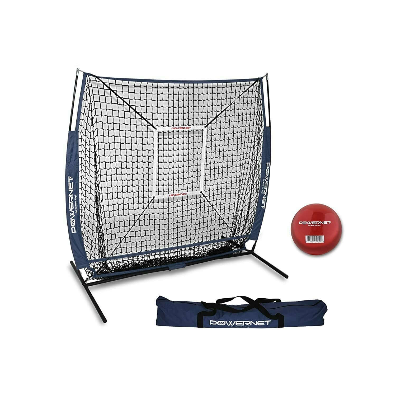 PowerNet 5x5 Practice Hitting Pitching Net + Strike Zone Attachment + Weighted Training Ball Bundle + Carry Bag by Jupiter Gear