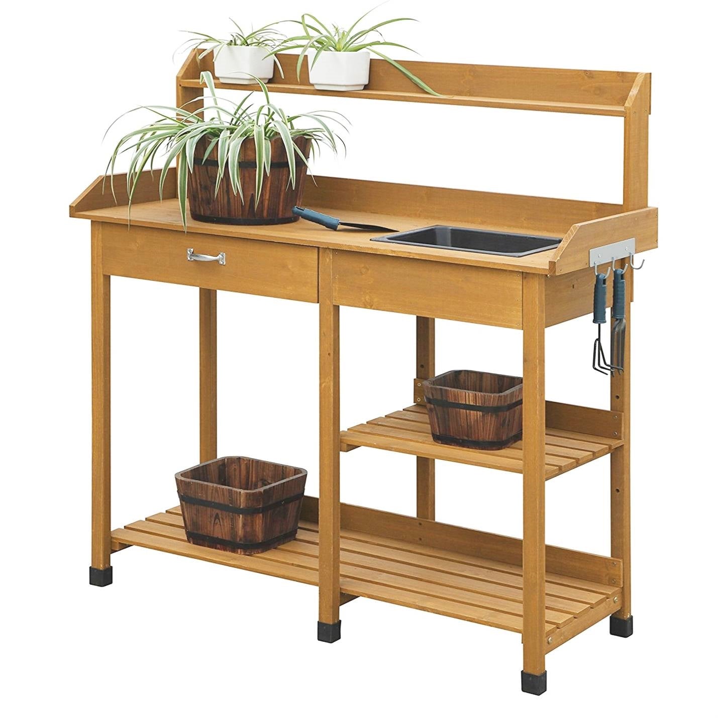 Fast Furnishings Outdoor Garden Wood Potting Bench Work Table with Sink in Light Wood Finish