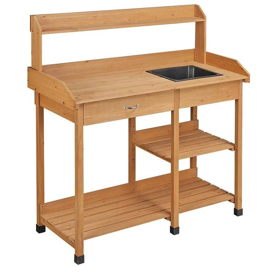 Fast Furnishings Outdoor Garden Wood Potting Bench Work Table with Sink in Light Wood Finish