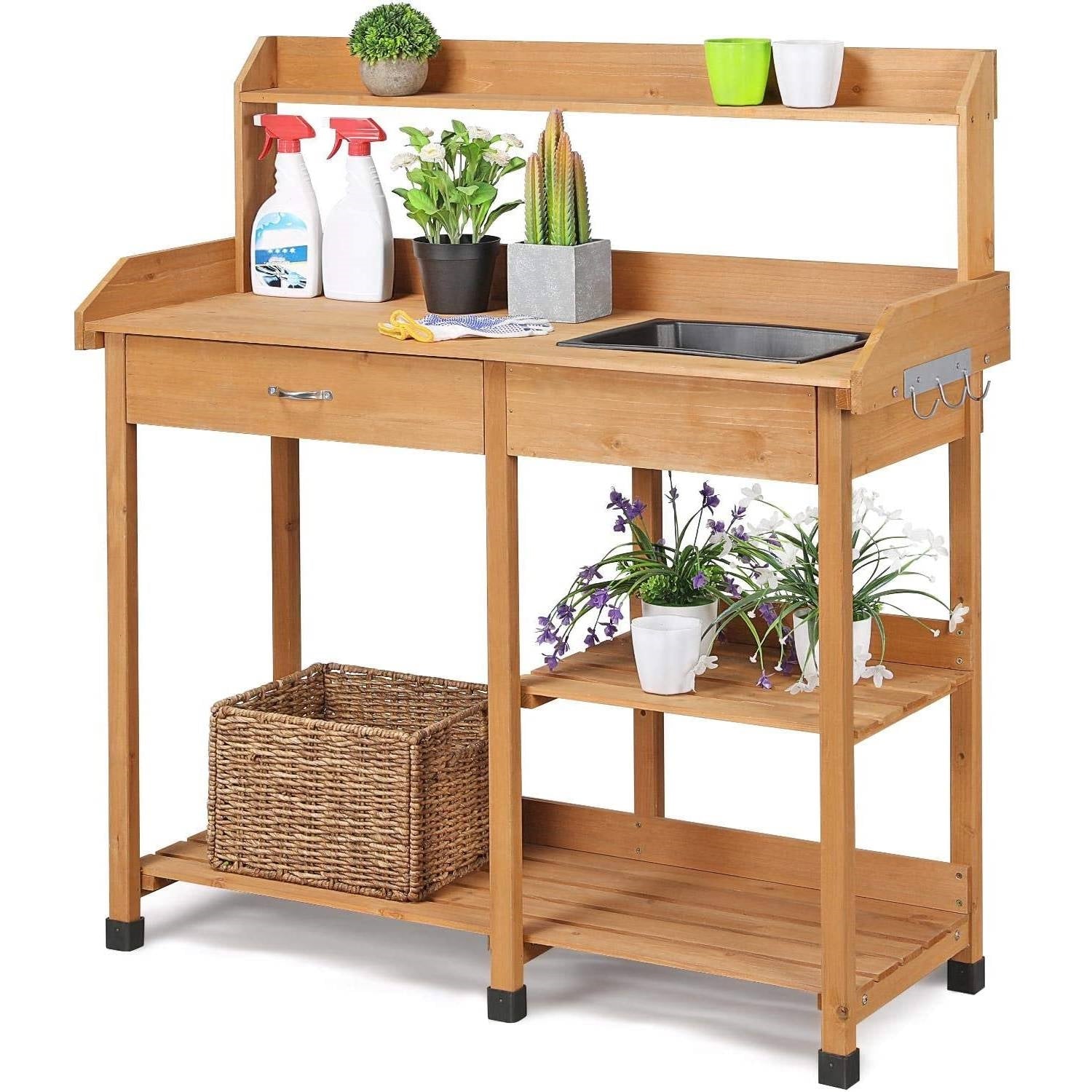 Fast Furnishings Outdoor Garden Wood Potting Bench Work Table with Sink in Light Wood Finish