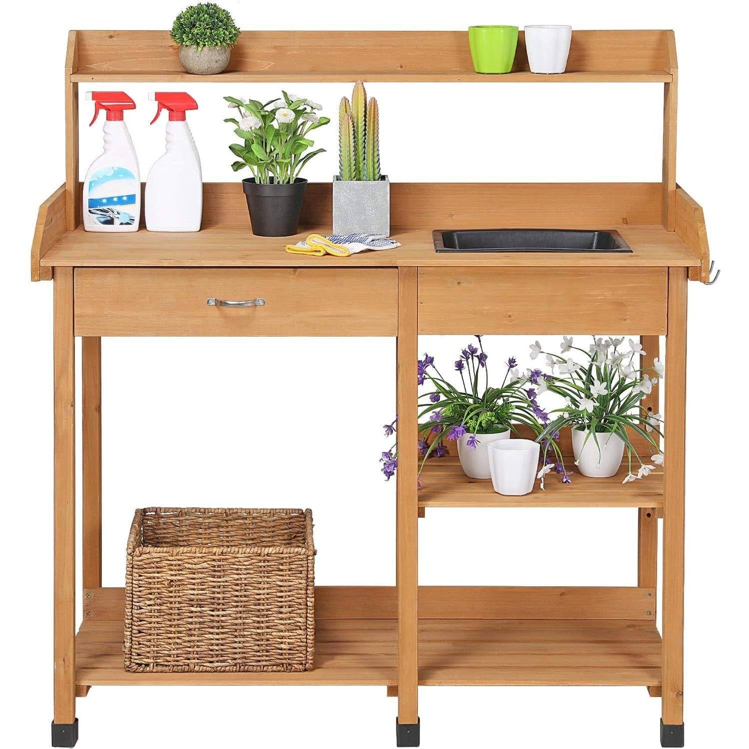 Fast Furnishings Outdoor Garden Wood Potting Bench Work Table with Sink in Light Wood Finish