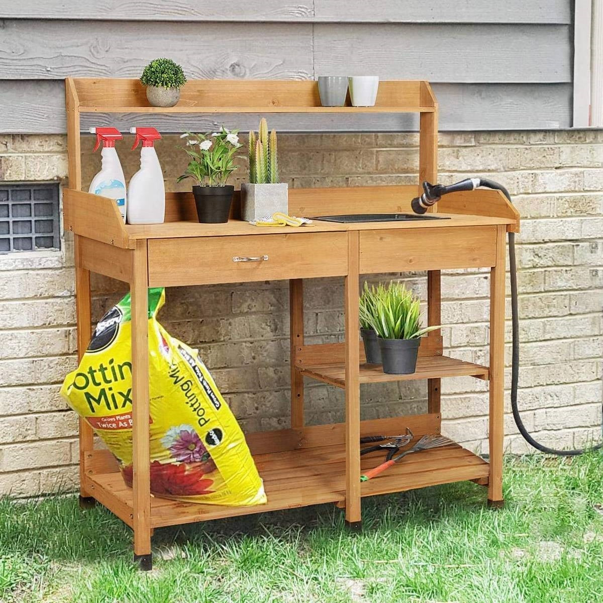 Fast Furnishings Outdoor Garden Wood Potting Bench Work Table with Sink in Light Wood Finish