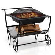 Fast Furnishings Portable Outdoor Wheeled Log Storage Rack and Wood Burning Fire Pit