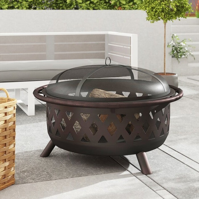 Fast Furnishings Weather Resistant Steel Wood Burning Fire Pit with Spark Screen