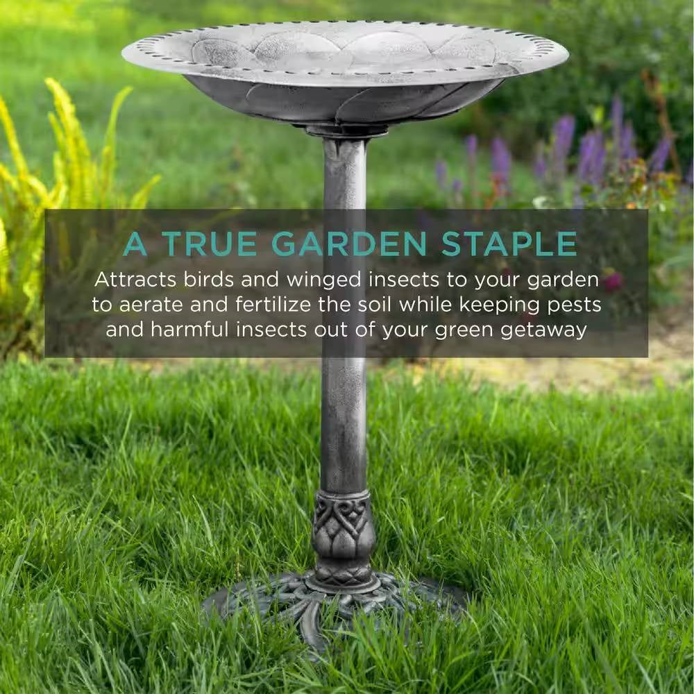 Fast Furnishings Outdoor Weather Resistant Polyresin Bird Bath in Rustic Aged Silver Finish