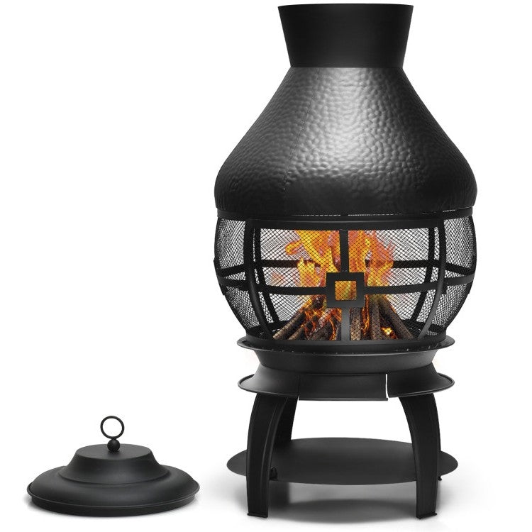 Fast Furnishings Black Rustic Iron Wood Burning Chiminea Fire Pit