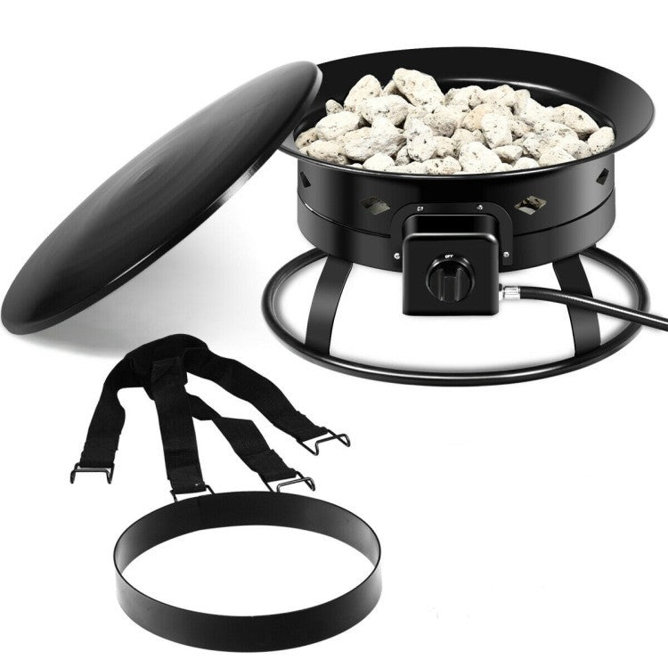 Fast Furnishings Portable Outdoor Black Metal Propane Fire Pit with Cover and Carry Kit