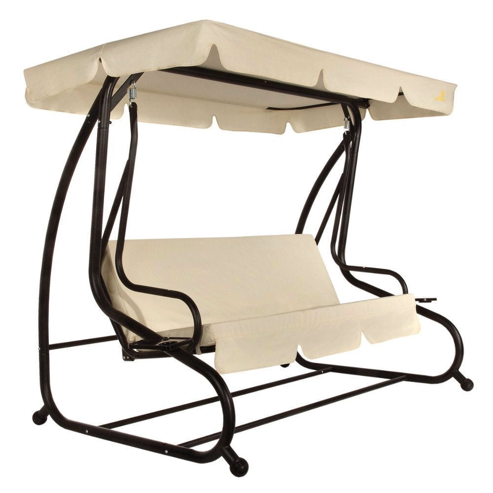 Fast Furnishings Outdoor 3-Seat Canopy Swing with Beige Cushions for Patio Deck or Porch