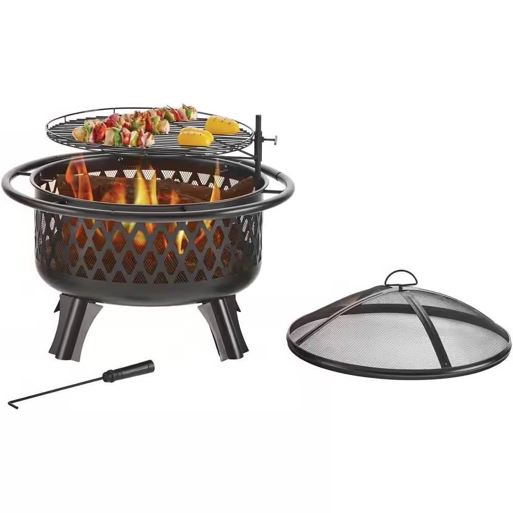 Fast Furnishings 30-inch Black Steel Outdoor Fire Pit Grill with Screen and Poker