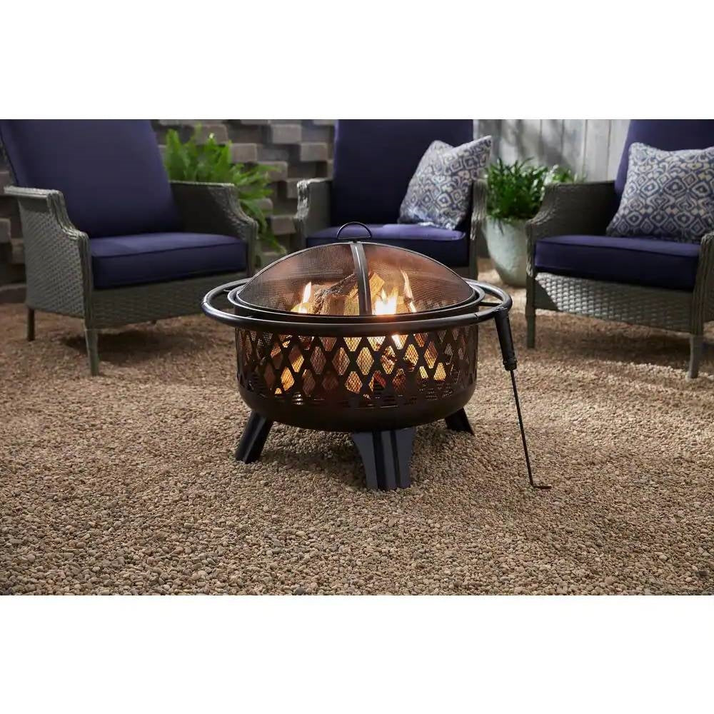 Fast Furnishings 30-inch Black Steel Outdoor Fire Pit Grill with Screen and Poker