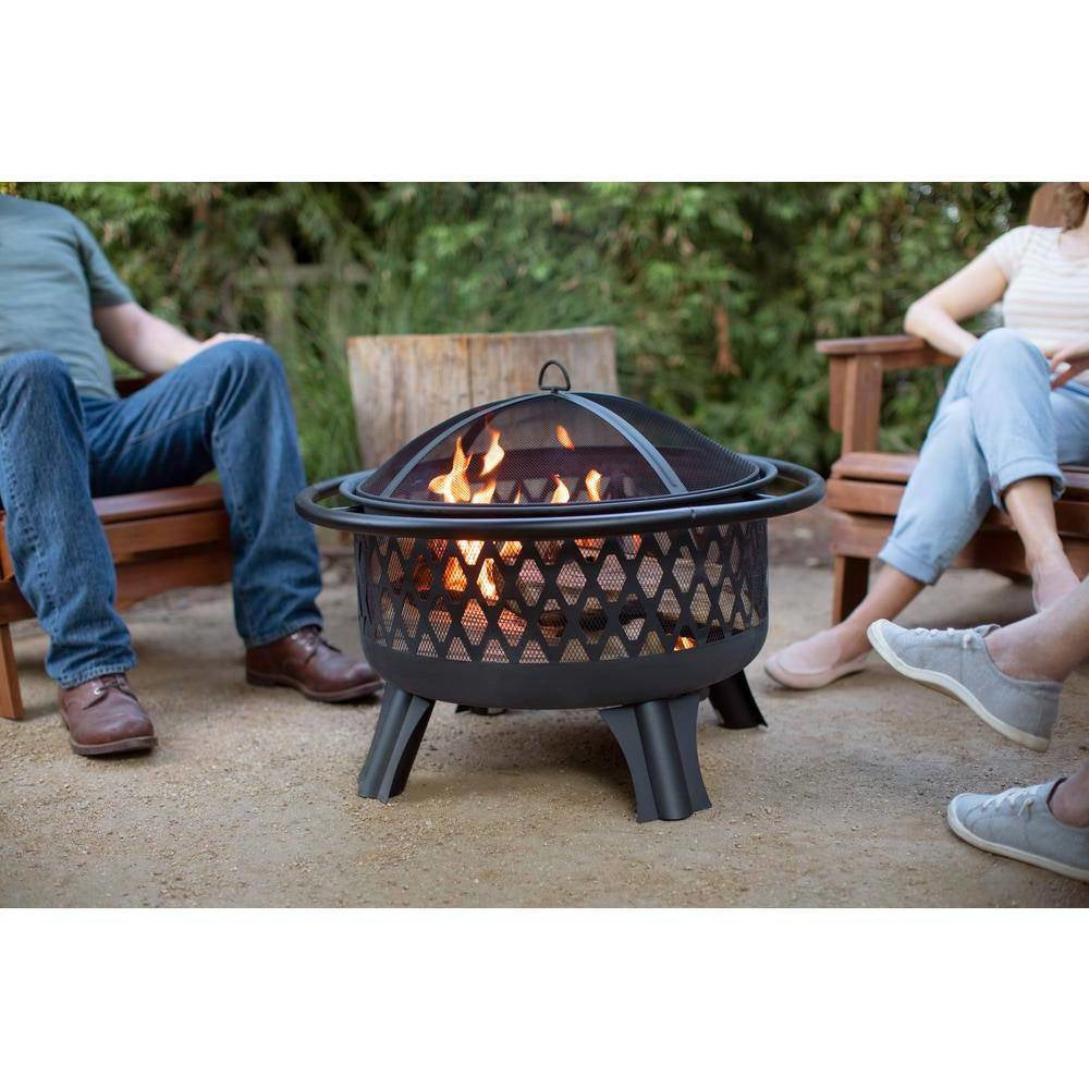 Fast Furnishings 30-inch Black Steel Outdoor Fire Pit Grill with Screen and Poker