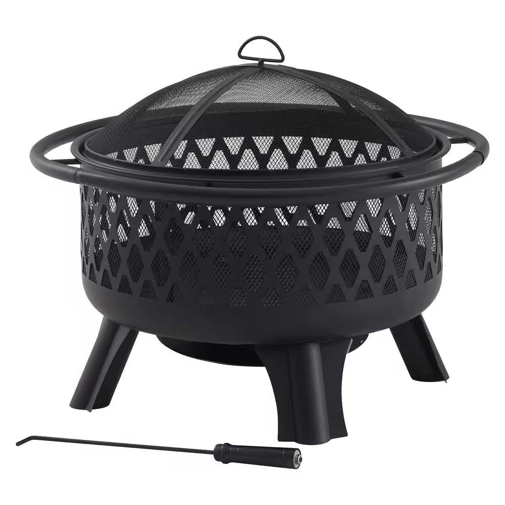 Fast Furnishings 30-inch Black Steel Outdoor Fire Pit Grill with Screen and Poker