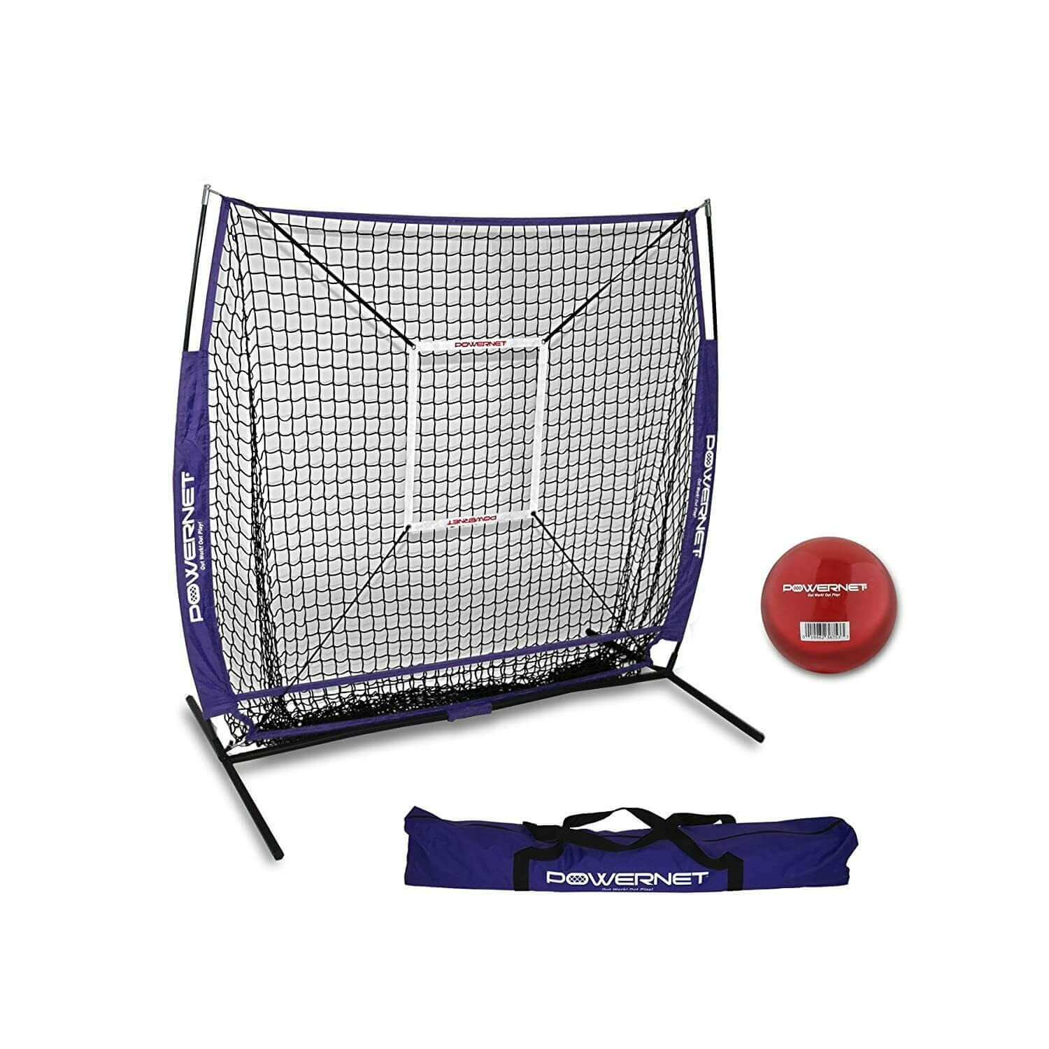 PowerNet 5x5 Practice Hitting Pitching Net + Strike Zone Attachment + Weighted Training Ball Bundle + Carry Bag by Jupiter Gear